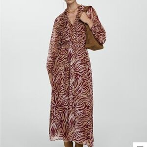 MNG Mango Brown animal print Bishop Sleeves maxi dress NWOT